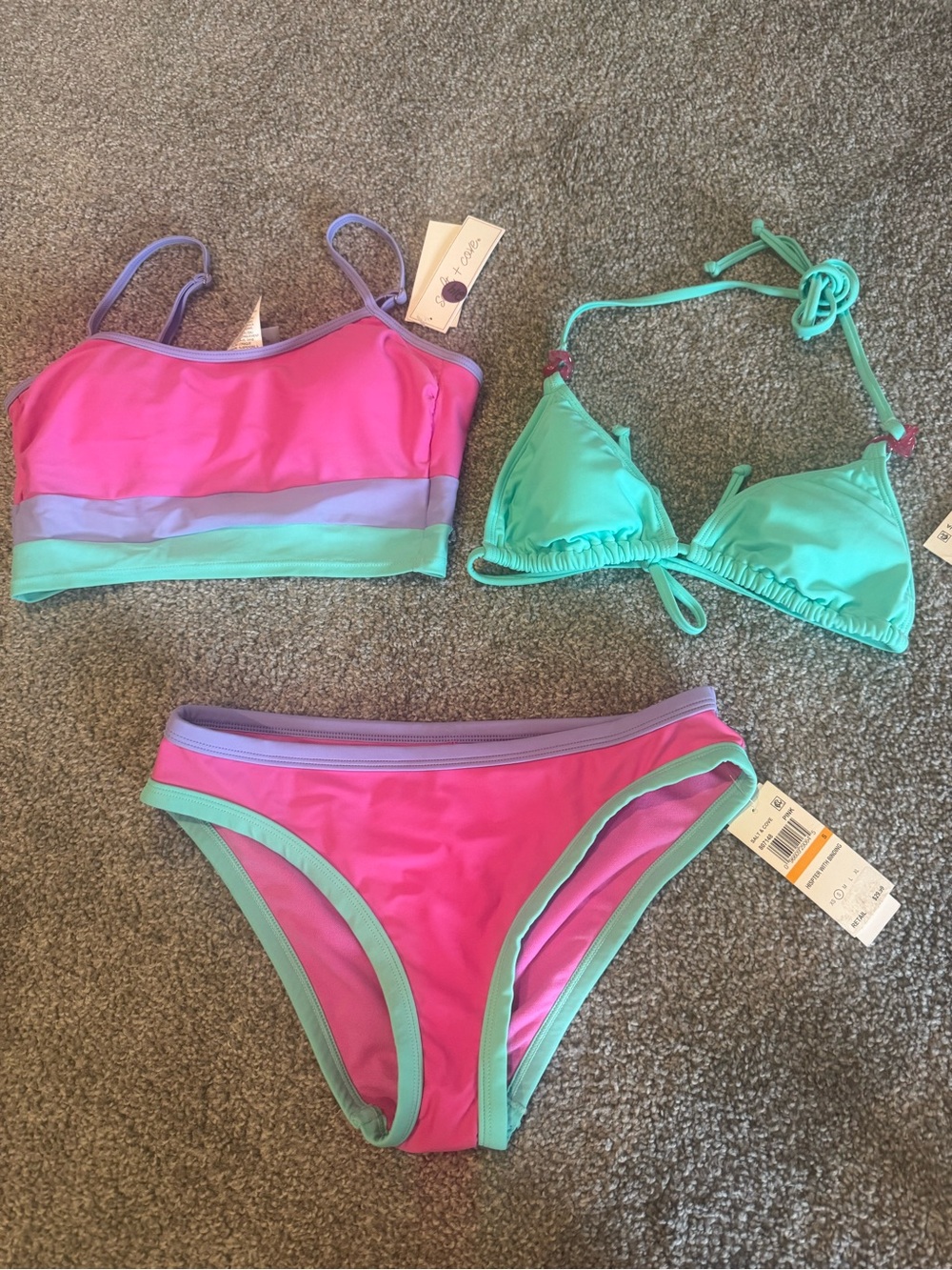 Vince Camuto Colorblock Pink, Lavender & Mint 3 piece Women Bikini Set